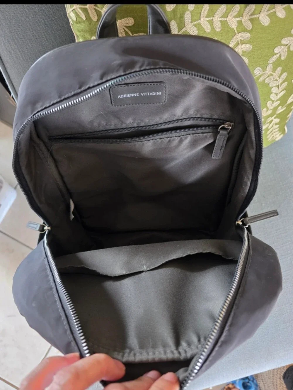 Quilted, Sleek, boxy, Gray Nylon Backpack with Pink-Tan Stripe.